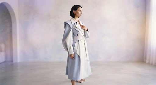 High fashion portrait of a stylish female model in a sculpted architectural trench coat, soft violet studio lighting, ethereal aesthetic, alabaster and powder periwinkle tones, fine art editorial photography